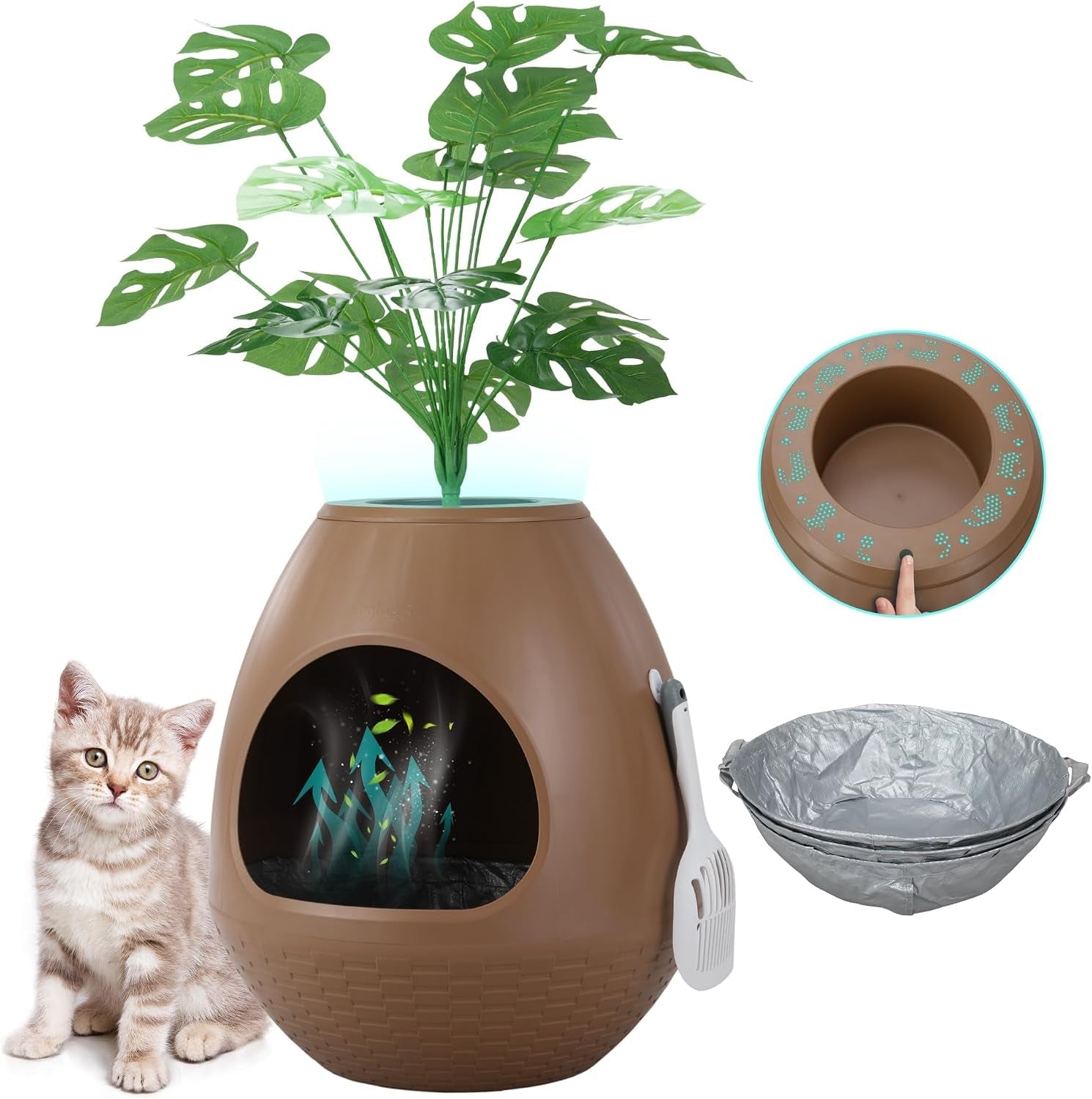eggloa6-hidden-cat-litter-box-with-artificial-plants-odor-removal-system-egg-shaped-enclosure-includes-scoop-3pcs-liners-secret-discreet-furniture-diy-assembly-cat-litter-box-cabinet-brown