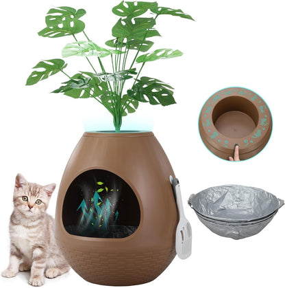 Eggloa6 Hidden Cat Litter Box with Artificial Plants ＆ Odor Removal System, Egg-Shaped Enclosure Includes Scoop ＆3PCS Liners Secret, Discreet Furniture, DIY Assembly Cat Litter Box Cabinet (Brown)1