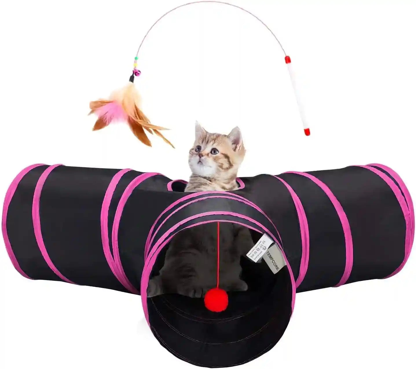tempcore-pet-cat-tunnel-tube-toys-3-way-collapsible-tunnels-for-indoor-cats-interactive-tube-with-teaser-wand-peek-holes-hanging-ball-black-blue