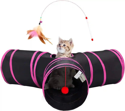 Tempcore Pet Cat Tunnel Tube Toys 3 Way Collapsible, Tunnels for Indoor Cats, Interactive Tube with Teaser Wand, Peek Holes & Hanging Ball, Black & Blue34