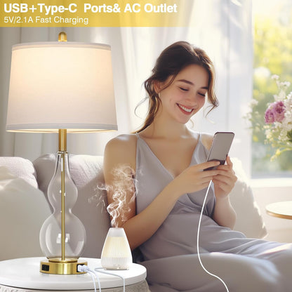 27.5" Clear Glass Table Lamp Set of 2,3-Way Dimmable Touch Control Bedside Lamps with USB Ports and AC Outlet, Modern Nightstand Lamps Gold Lamp for Bedroom Living Room3