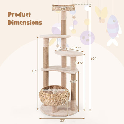 PETSITE 65-Inch Cattail Cat Tree Tower, Multi-Level Cat Tower with Natural Jute Scratching Posts, Cat Bed, Top Perch, Dangling Balls and Jumping Platforms, Modern Tall Cat Tree for Indoor Cats4