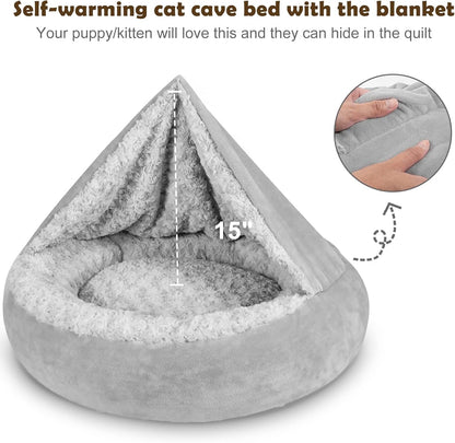 JOEJOY Small Dog Bed Cat Bed with Hooded Blanket, Cozy Cuddler Luxury Puppy Pet Bed, Donut round Calming Anti-Anxiety Dog Burrow Cave Bed - Anti-Slip Bottom and Machine Washable 23 Inch5