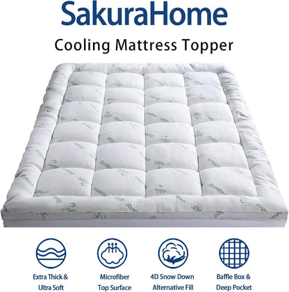 Mattress Topper Twin XL Size, Cooling Extra Thick Breathable Viscose Made from Bamboo Mattress Pad, Soft Quilted Fitted Mattress Cover with 1000 GSM down Alternative Fill (8-21”Deep Pocket)2