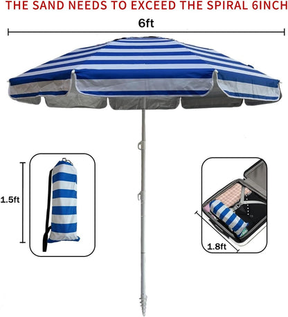 6Ft Beach Umbrella - Heavy Duty Wind Resistant UV 50+ Portable Sun Shade with Sand Anchor & Carry Bag, Outdoor Folding Umbrella for Beach, Pool, Patio, Garden (Blue Strip) No Tilt the Sand Needs to Exceed the Spiral 6Inch2