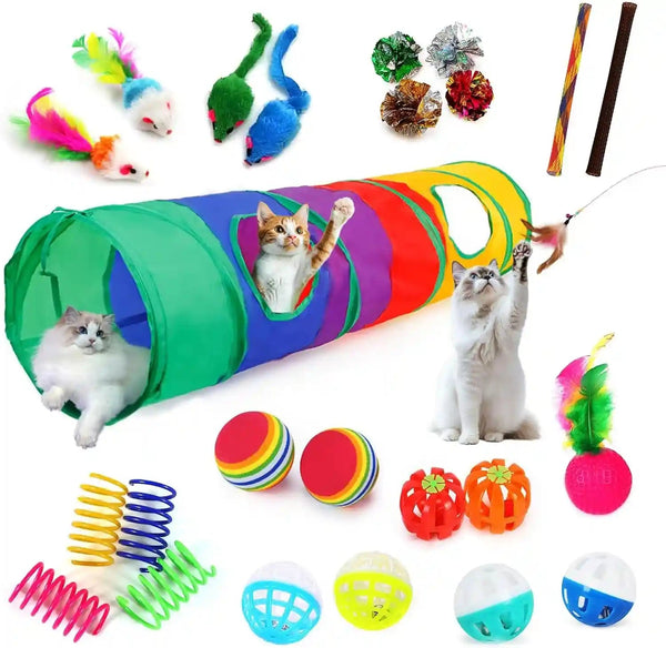 Icagy 25 Pcs Cat Toys for Cats, Indoor Kittens - Interactive Variety Pack, 45 Inches Rainbow Cat Tunnel, Feather Teaser, Feather Golf, Mice, Springs, Balls, Noise Toys - Rainbow/Colorful 45"8
