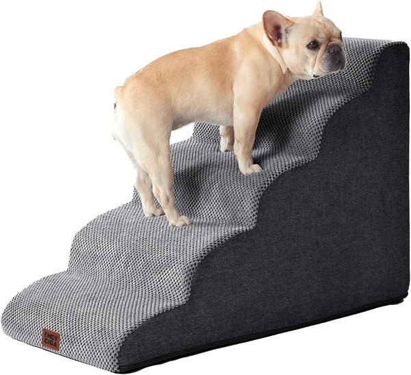 EHEYCIGA Curved Dog Stairs Ramp for 5-Step High Beds, 22.6" H Dog Steps | 33D Density of Pure Foam, for Small Dogs and Cats, Pet Stairs for High Bed Climbing, Non-Slip Balanced Pet Step Indoor, Grey1