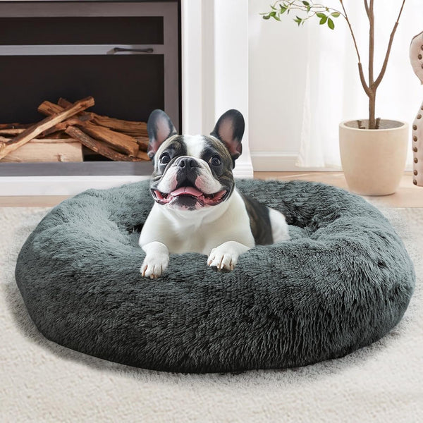 JOLLYVOGUE Small Dog Bed, Calming Dog Beds for Small Dogs & Indoor Cats - 20 Inches Donut Washable Cat Bed for Kittens & Puppies, round Fluffy Plush Faux Fur Pet Beds(Smoke Grey)21