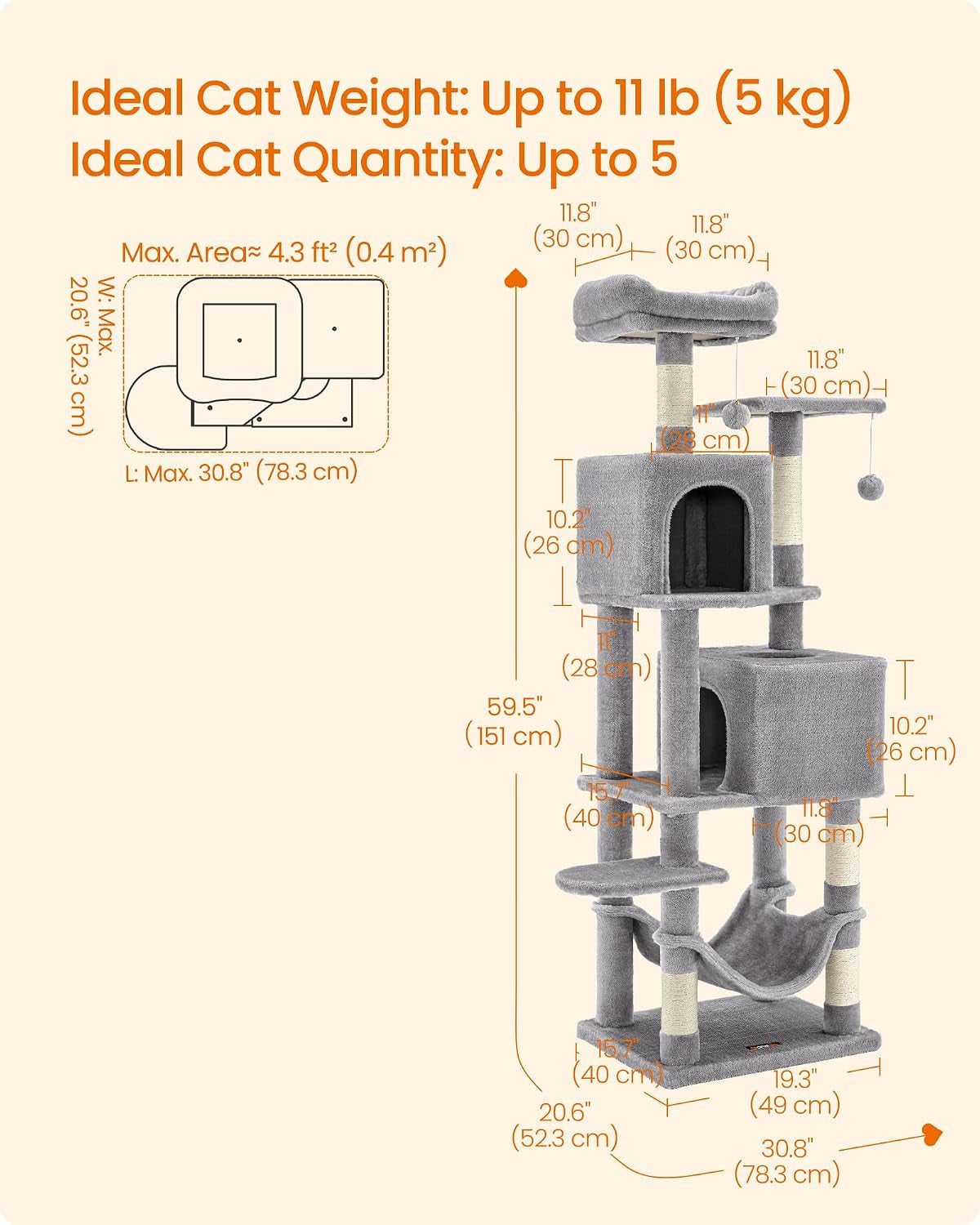 feandrea-cat-tree-59-5-inch-tall-cat-tower-plush-multi-level-condo-with-5-scratching-posts-2-perches-2-caves-hammock-2-pompoms-light-gray-upct192w01