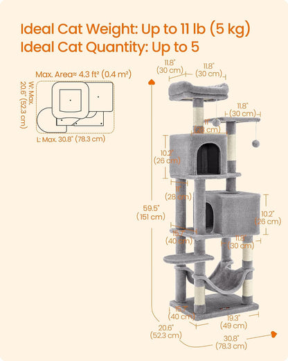 Feandrea Cat Tree, 59.5-Inch Tall Cat Tower, Plush Multi-Level Condo with 5 Scratching Posts, 2 Perches, 2 Caves, Hammock, 2 Pompoms, Light Gray UPCT192W015
