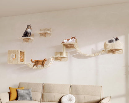 9-In-1 Cat Wall Shelves, Cat Wall Furniture Set with Bridge, Beige | Wall Mounted Cats Shelf for Space-Saving, Multi-Level Cat Climbing Systems for 16 Inch Drywall, with Scratching Posts, Condos1