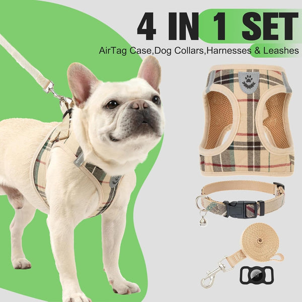 EXPAWLORER Plaid Small Dog Harness and Leash Set with Airtag Holder - No Pull Soft Padded Step in Dog Vest Harness Medium Sized Dog, Reflective Puppy Harness, Collar and Leash for Walking, Khaki S2