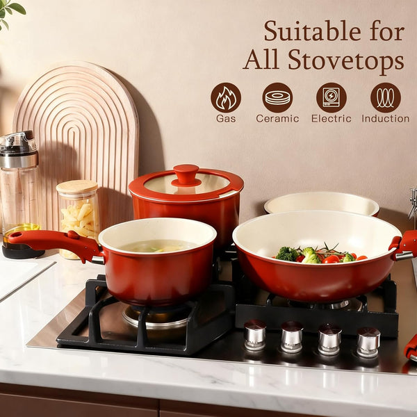11PCS Ceramic Pots and Pans Set Non Stick, Nonstick Cookware Set Detachable Handle, Red Black Gradien Pots and Pans Induction Kitchen Cooking Sets, RV Cookware Sets for All Stoves6