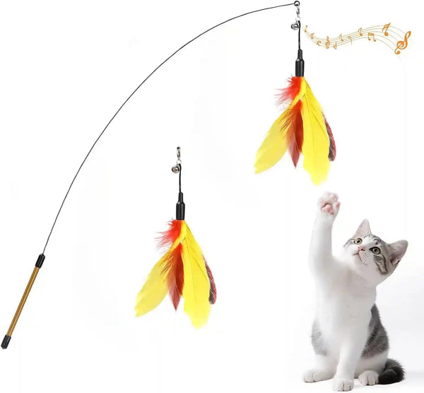 Pawaboo Feather Teaser Cat Toy - Interactive Wand with Extra Long 34.5" Wand and Small Bell, Fun Exerciser Playing Toy for Kittens or Cats, Brown Feather17