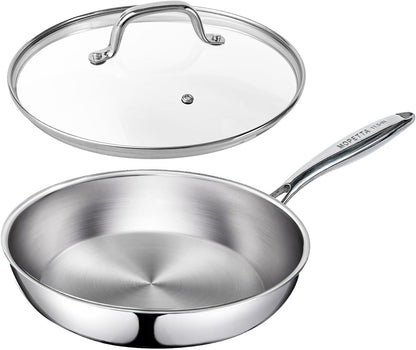 11.5 Inch Tri-Ply Stainless Steel Frying Pan with Lid,No Coatings PFOA&PTFE Free Skillets,Chef'S Pans,Dishwasher and Oven Safe Cookware, Compatible with All Cooktops1