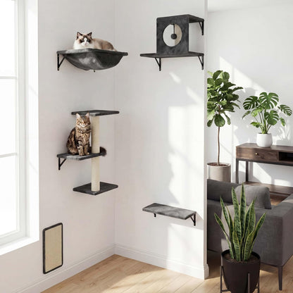 Cat Wall Shelves, Cat Wall Mounted Furniture, Climbing Wall Systems with Perches, Scratchers and Condo, Kitten Indoor Jungle Gym Set of 5 (Grey)4