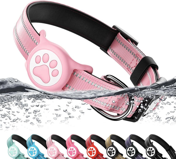 Airtag Dog Collar, Reflective Ultra-Durable Nylon Padded with QR Code Buckle & IP68 Waterproof Air Tag Holder Compatible for Apple Airtag, Comfortable for Small Medium Large Dogs(Pink,S)1