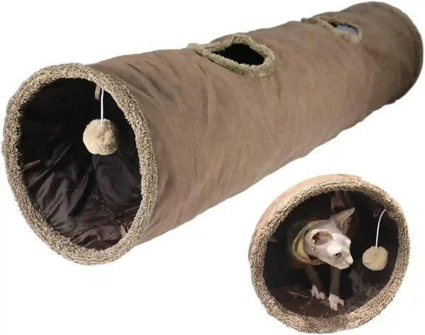 Cat Tunnel for Indoor Cats, 51×12 Inch Foldable Big Cat Tunnel, Grey Suede Pet Tunnels with Two Peepholes and a Bubble Ball7