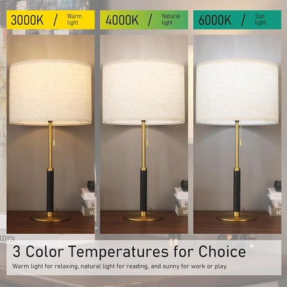 26.4" Set 2 Pull Chain Table Lamp Modern Mid Century Bedside Lamps for Living Room End Tables 3-Color Light for Bedroom, Solid Wood/Metal/Fabric Lamp for Home/Office/Desk (Light Brown+Brass)4