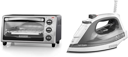 BLACK+DECKER 4-Slice Toaster Oven, TO1313SBD, Even Toast, 4 Cooking Functions Bake, Broil, Toast & Light ‘N Easy Compact Steam Iron, IR1020S, Stainless Steel Soleplate, Spray Mist1