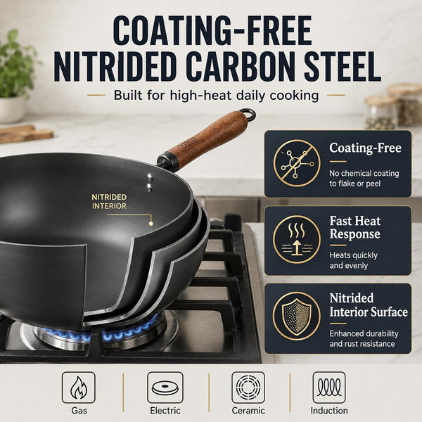 4 Qt Nitrided Carbon Steel Deep Wok with Lid, Flat Bottom | Deep 4 Qt Nitrided Steel for Braising, Soups, Noodles and One-Pot Meals; Wooden Handle; Gas, Electric and Induction Ready.4