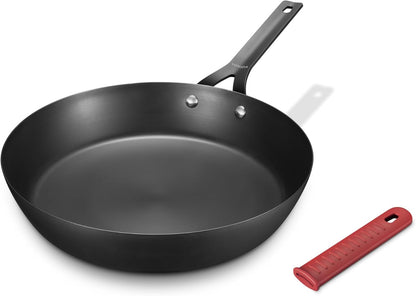 Carbon Steel Pan, 10 Inch Nonstick Frying Pan Skillet | Pre-Seasoned Carbon Steel Cookware with Removable Silicone Handle Holder, Indoor/Outdoor, Induction & Oven Safe1