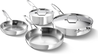 Calphalon Premier Polished 5-Ply Stainless Steel Cookware Set W/Turbo Heat Tech 6 Piece Includes Frying Pans, Pots and Pans Set, Induction, Oven Safe 500F, PFOA Free, Polished Stainless Silver1