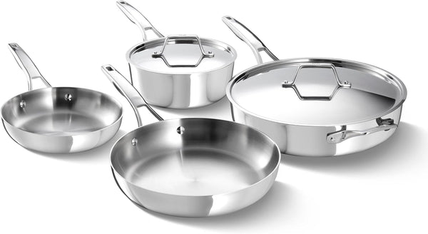 Calphalon Premier Polished 5-Ply Stainless Steel Cookware Set W/Turbo Heat Tech 6 Piece Includes Frying Pans, Pots and Pans Set, Induction, Oven Safe 500F, PFOA Free, Polished Stainless Silver1