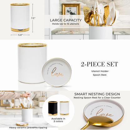 White and Gold Cooking Utensils Set, 13-Piece | Kitchen Set with White Ceramic Utensil Holder and Stackable Gold Spoon Rest - Luxury Kitchen Accessories for Stylish Cooking7