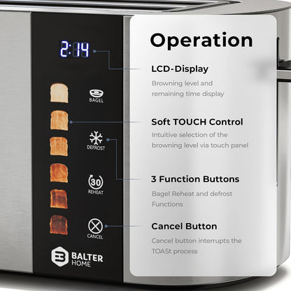 Toaster 4 Slice Wide Slot, Bagel Function, Long Slot, Stainless Steel, Touch Screen, Built-In Rack, Extra-Wide 1.5" Slots for Thick Breads & Bagel, Timer, Bpa-Free, 6 Levels, Removable Tray6