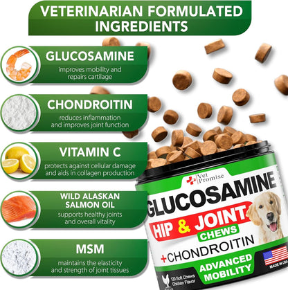 Vet Promise Glucosamine for Dogs - Hip and Joint Supplement for Dogs - Glucosamine Chondroitin - Joint Pain Relief Pills - MSM - Advanced Health Support Supplement - 120 Mobility Chews - Made in USA3
