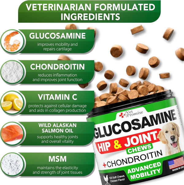 Vet Promise Glucosamine for Dogs - Hip and Joint Supplement for Dogs - Glucosamine Chondroitin - Joint Pain Relief Pills - MSM - Advanced Health Support Supplement - 120 Mobility Chews - Made in USA3