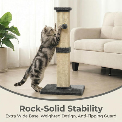 Fansafurn Tall Cat Scratching Post, 32'' Heavy Duty and Thick Scratching Post, Scratching Post for Adult Cats, Thick Sisal Rope with Hanging Ball, Grey2