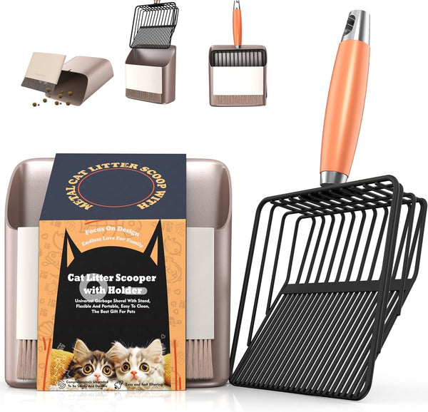 Heavy Duty Metal Cat Litter Scoop with Holder - Broom and Dustpan Set - Quick-Sifting Mesh for Clump-Free Cleaning, Compatible with Most Litter Types1