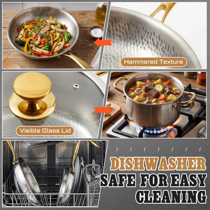 Titanium Pots and Pans Set,6 Pcs,Essential Cookware Set | Titanium Pans for Cooking with Lids, Spoon, Spatula, Triply Titanium No Coating for Induction, Cooktops, Safe up to 1000°F6