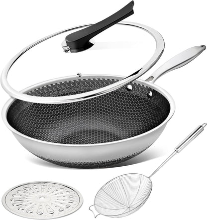 Wok Pan with Lid, 12 Inch Stainless Steel Wok with Spider Strainer and Steaming Rack, Honeycomb & Stir-Fry Pans Flat Bottom Wok Induction Compatible, Dishwasher and Oven Safe1