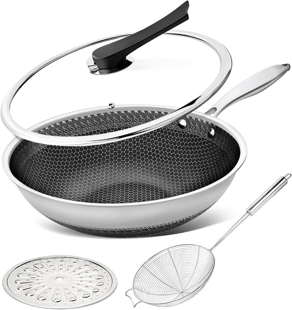 Wok Pan with Lid, 12 Inch Stainless Steel Wok with Spider Strainer and Steaming Rack, Honeycomb & Stir-Fry Pans Flat Bottom Wok Induction Compatible, Dishwasher and Oven Safe1