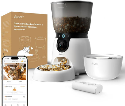 ARENTI Automatic Cat Feeder and Water Dispenser with Camera, 2K Adjustable View & Invisible Privacy Mode, 4.5L Cat Food Dispenser Fountain Combo, 5G/2.4G Wifi, 2-Way Audio, AI Alerts, Battery Backup1