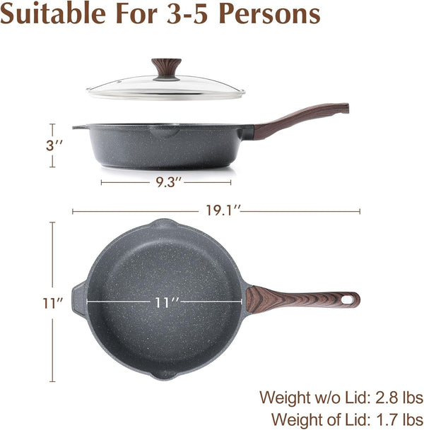 Nonstick Deep Frying Pan Skillet, 11-Inch Saute Pan with Lid, Stay-Cool Handle, Chef Pan Healthy Stone Cookware Cooking Pan, Induction Compatible4