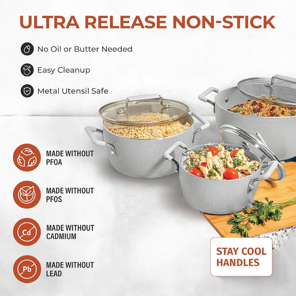 Gray Pots and Pans Set Nonstick, 6 Stackable Piece Cooking Pots Set, Kitchen Pots, Non Stick Coating, 5Qt 3Qt & 1.5Qt Pots with Lids, Stay Cool Handles Dishwasher Safe 100% Toxin Free2