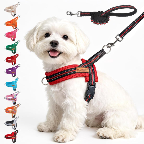 BEAUTYZOO Dog Harness No Pull, Quick Fit Dog Harness and Leash Set, Escape Proof Vest Harness with Soft Handle, Reflective Breathable Mesh Padding Harness for Medium Size Dog Training Walking, Beige M24