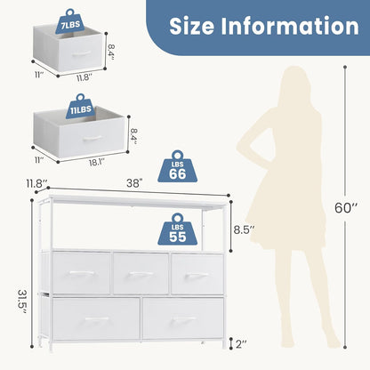 TV Stand Dresser, Media Console, Storage Drawers | 5 Fabric Open Shelf, Compact Entertainment Unit for Bedroom, Living Space, Dorm Organization, White3