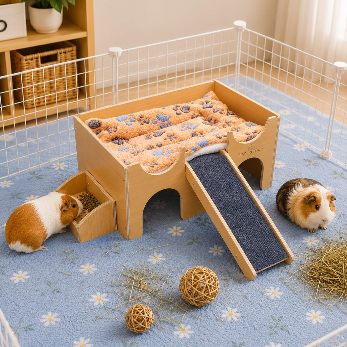 guinea-pig-wooden-hideout-with-built-in-feeder-screw-assembled-natural-wood-castle-with-absorbent-fleece-mat-ramp-accessories-cozy-safe-hideaway-for-small-pets-to-rest-play-explore