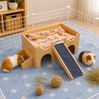 Guinea Pig Wooden Hideout with Built-In Feeder, Screw-Assembled Natural Wood Castle with Absorbent Fleece Mat, Ramp & Accessories, Cozy Safe Hideaway for Small Pets to Rest, Play & Explore4