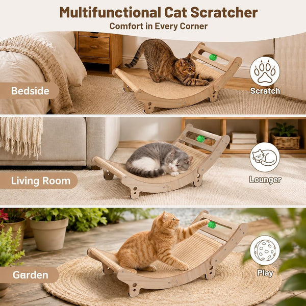 31.5" Sisal Cat Scratcher Bed with Bell Balls Wooden Cat Furniture(Xxl) | Cat Scratching Post for Indoor Cats Hammock.Natural Sisal Cat Scratch.Anti Slip and Stable without Shaking.Easy to Install6