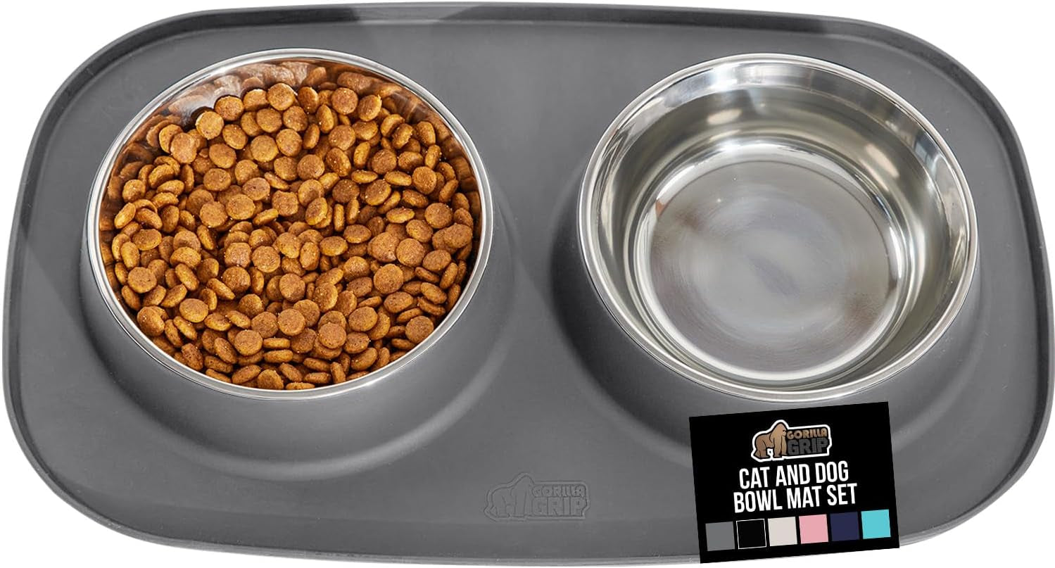 gorilla-grip-patented-dog-bowl-set-with-slip-resistant-silicone-feeding-mat-food-grade-304-stainless-steel-bowls-bpa-free-high-edge-spill-containment-dishwasher-safe-finger-notch-removal-2-cup-gray