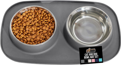 GORILLA GRIP Patented Dog Bowl Set with Slip Resistant Silicone Feeding Mat, Food Grade 304 Stainless Steel Bowls, BPA Free High Edge Spill Containment Dishwasher Safe, Finger Notch Removal 2 Cup Gray1