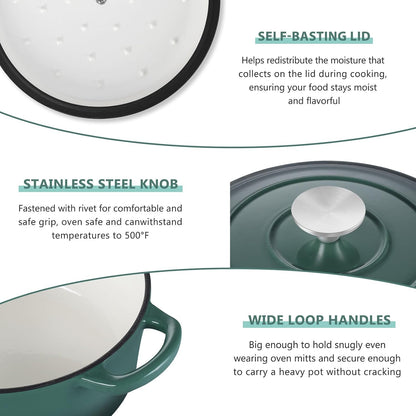 3 Qt Enameled Cast Iron Dutch Oven with Lid, Small round Nonstick Dutch Oven Pot for Bread Baking Braising Stews Roasting Cooking, Heavy Duty, Induction & Oven Safe - Forest Green7