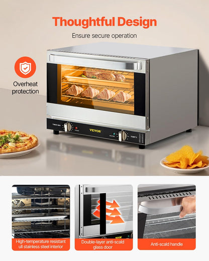 Commercial Convection Oven, 21L/19Qt, Quarter-Size Conventional Oven Countertop, 1440W 3-Tier Toaster W/Front Glass Door, Electric Baking Oven W/Trays Wire Racks Clip Gloves, 120V6