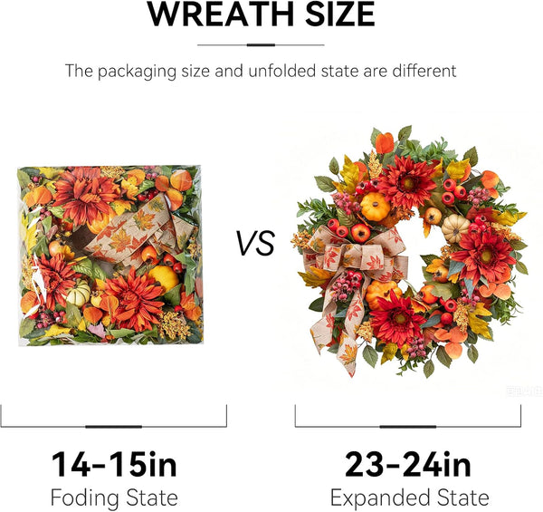 Fall Wreaths for Front Door 24 Inch Autumn Wreath Rustic Fall Decor | Autumn Wreath with Artificial Pomegranates, Sunflowers and Berries Fall Door Wreath for Outdoor or Indoor Use Autumn Wreaths5
